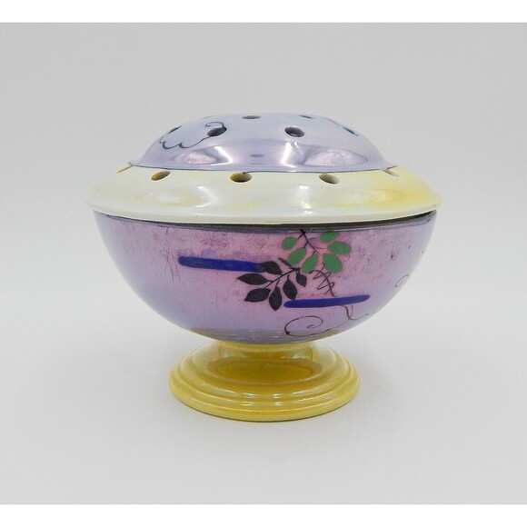 Lusterware Flower Frog Rim Domed Hand Painted Japan Birds Leaves Purple Green - Picture 4 of 16